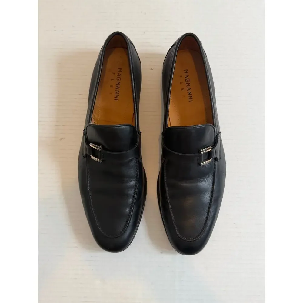 Men's Magnanni Flex Black Leather Strap Silver Buckle Dress Slip On Shoes Sz 12